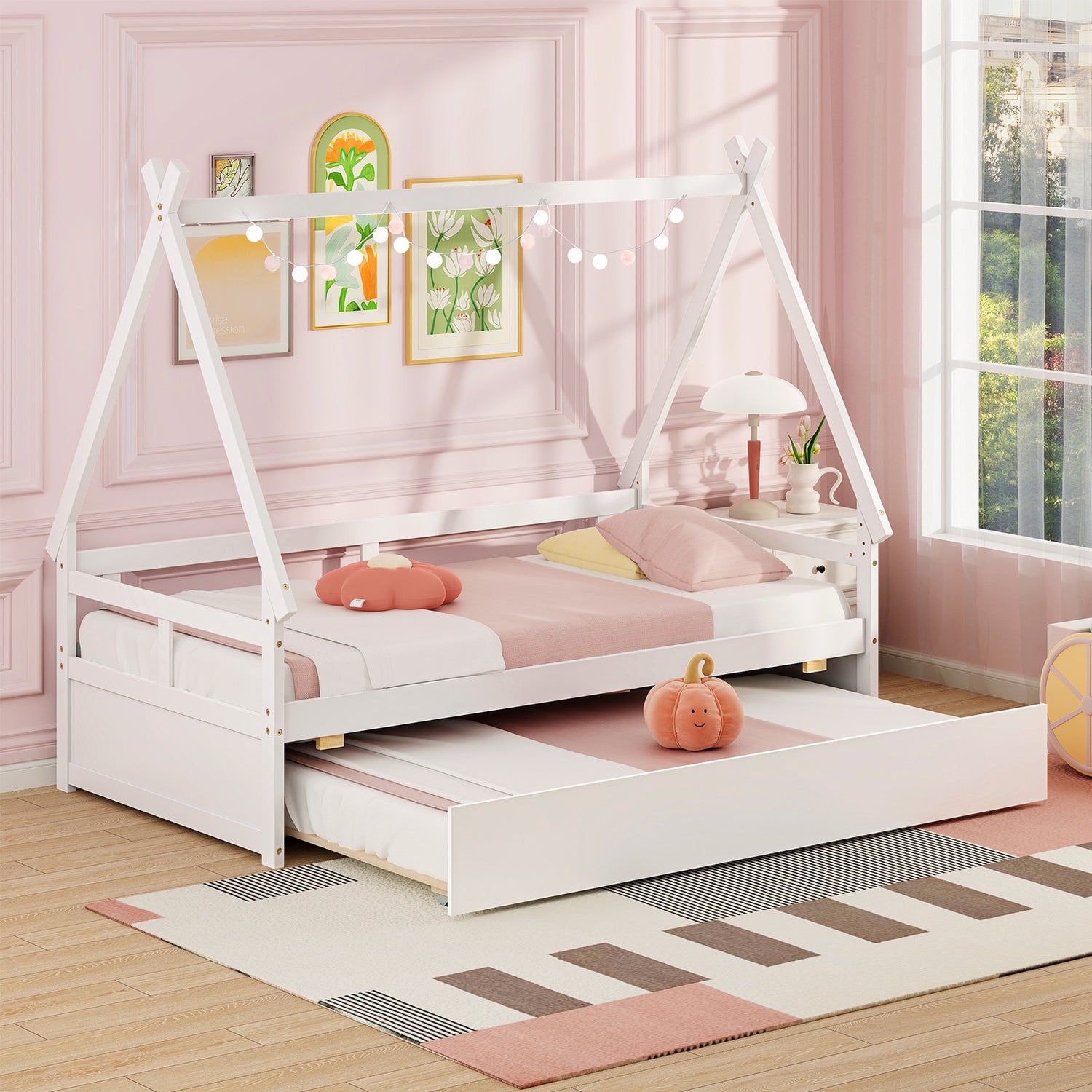 Twin Size House Bed with Trundle and Safety Guardrail