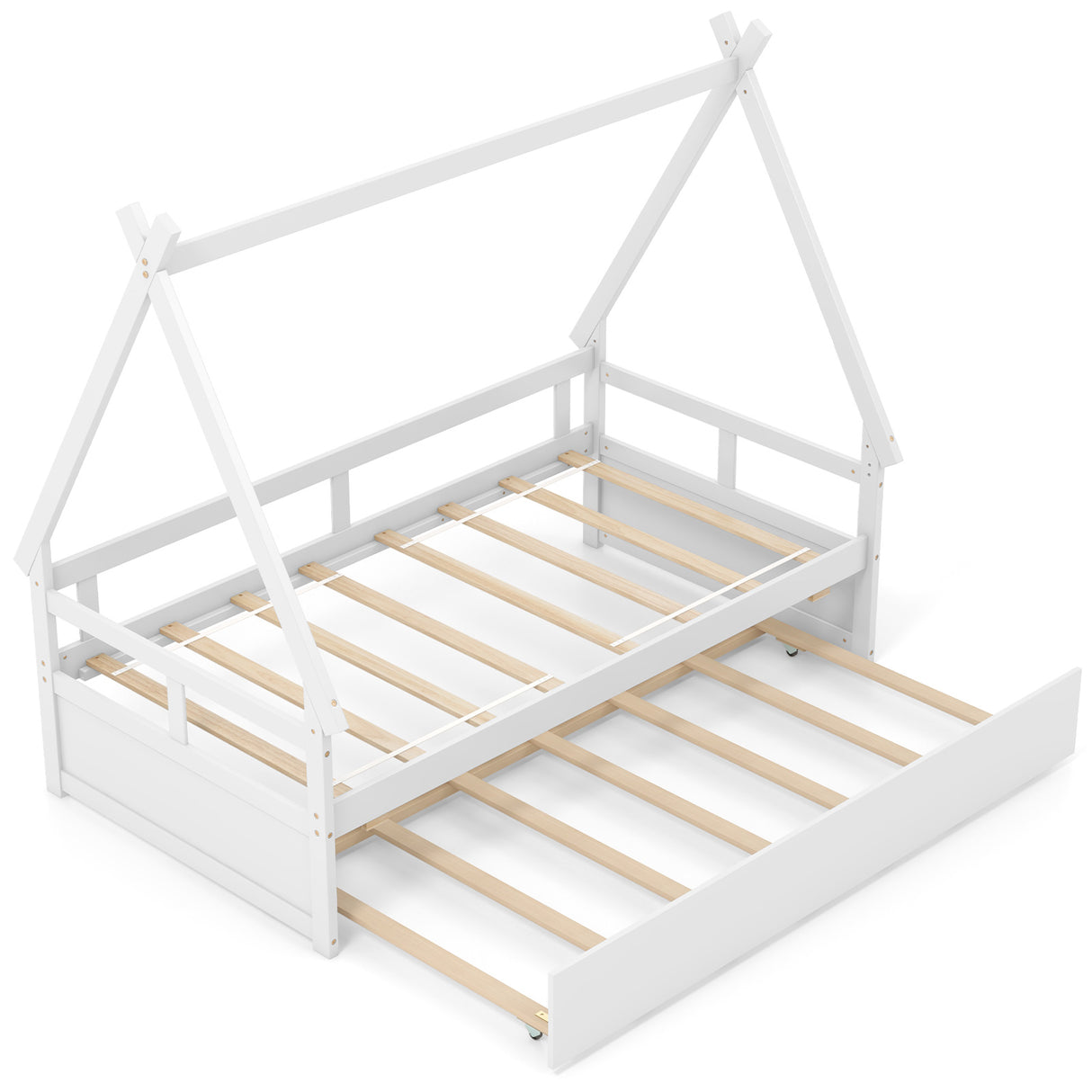 Twin Size House Bed with Trundle and Safety Guardrail