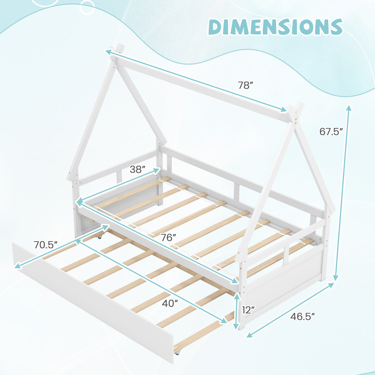 Twin Size House Bed with Trundle and Safety Guardrail