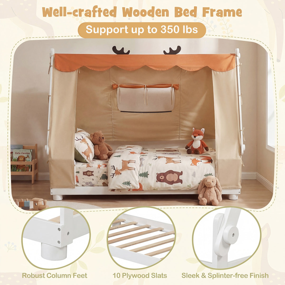 Twin Size House Floor Wood Bed with Tent