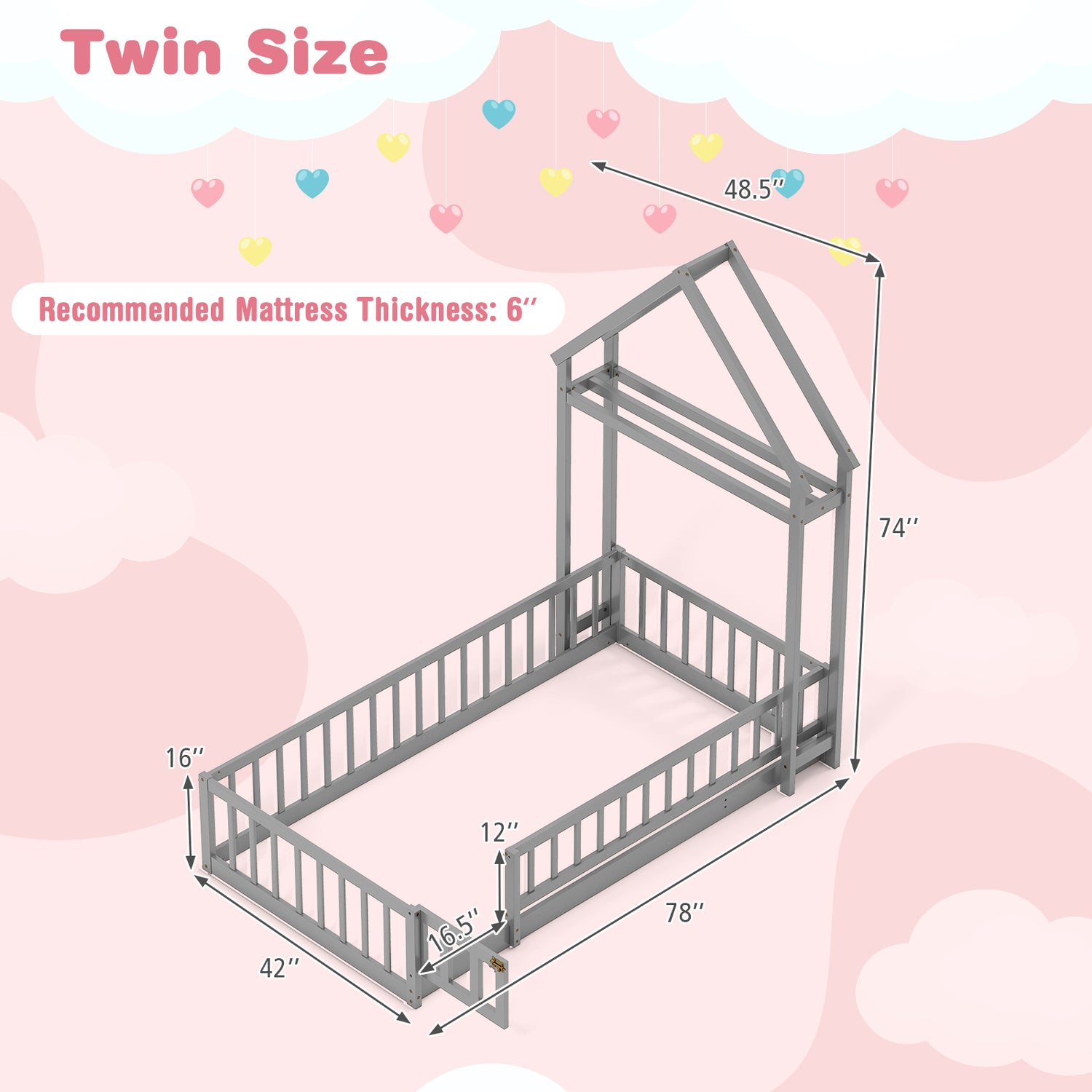 Twin Size House Floor Bed with House-shaped Headboard