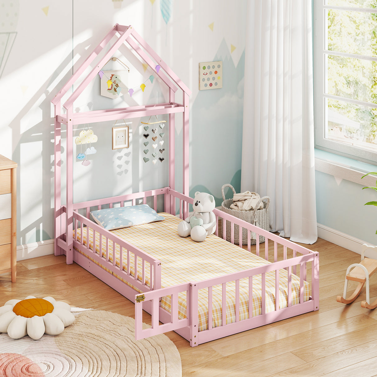 Twin Size House Floor Bed with House-shaped Headboard