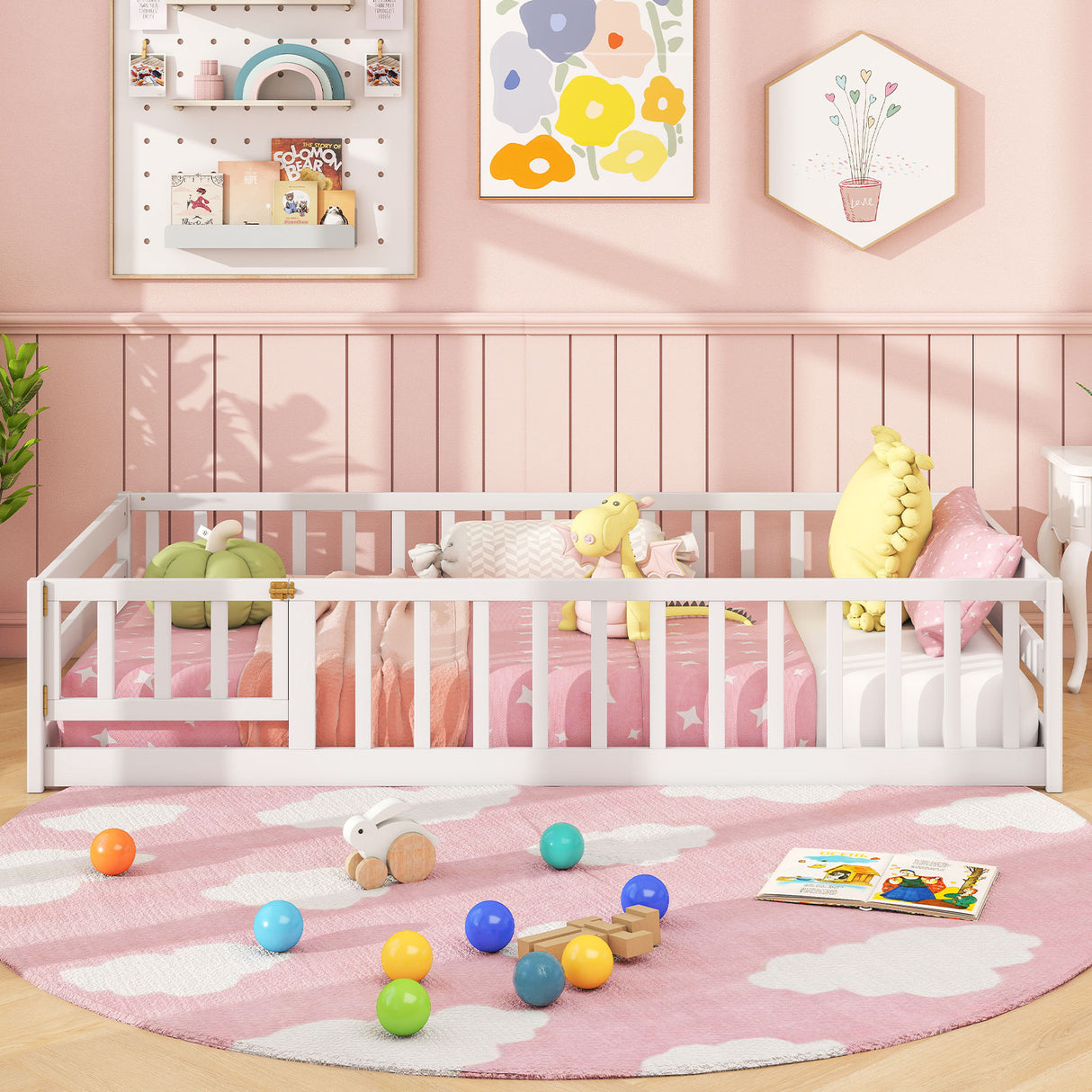 Twin Size Kids Wood Montessori Floor Bed with Door and Fence