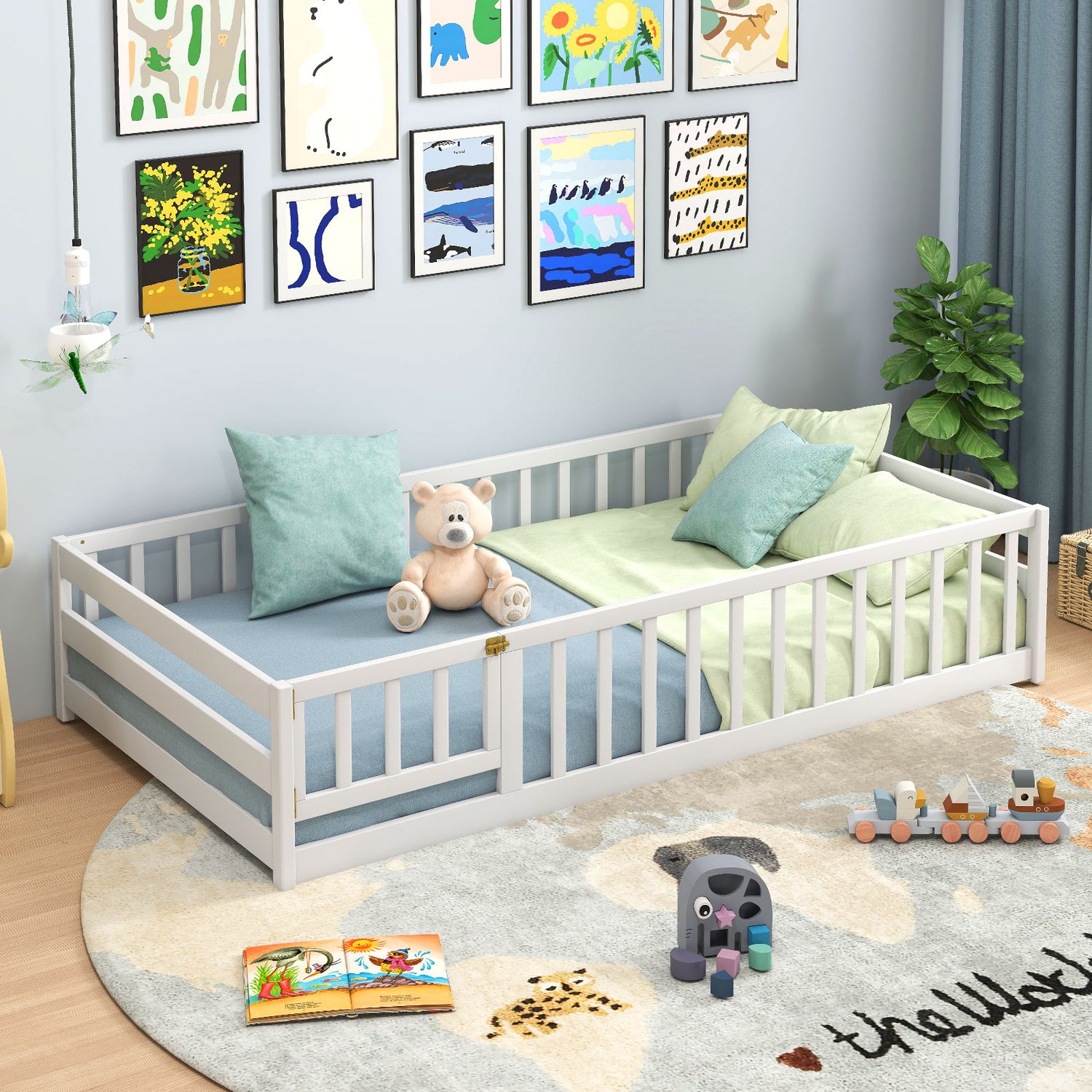 Twin Size Kids Wood Montessori Floor Bed with Door and Fence