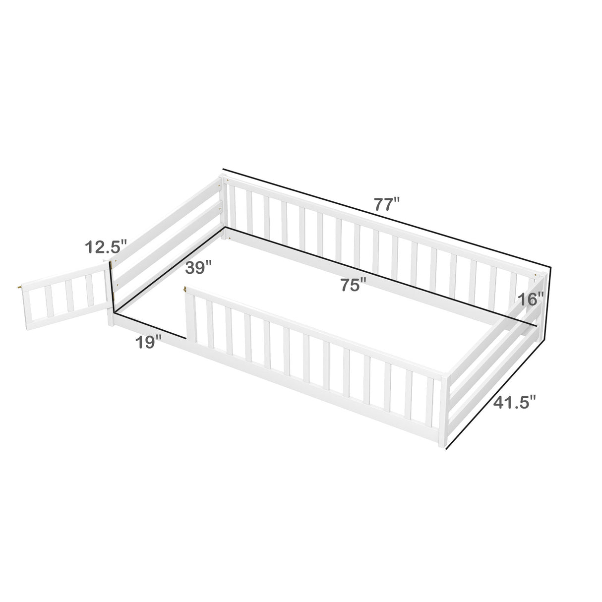Twin Size Kids Wood Montessori Floor Bed with Door and Fence