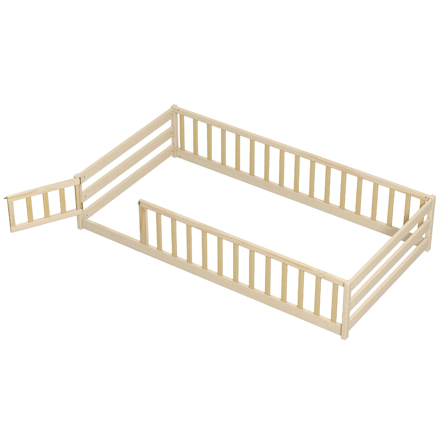 Twin Size Kids Wood Montessori Floor Bed with Door and Fence