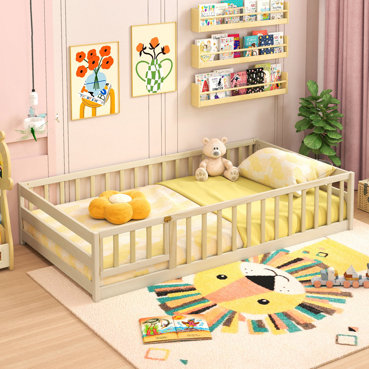 Twin Size Kids Wood Montessori Floor Bed with Door and Fence