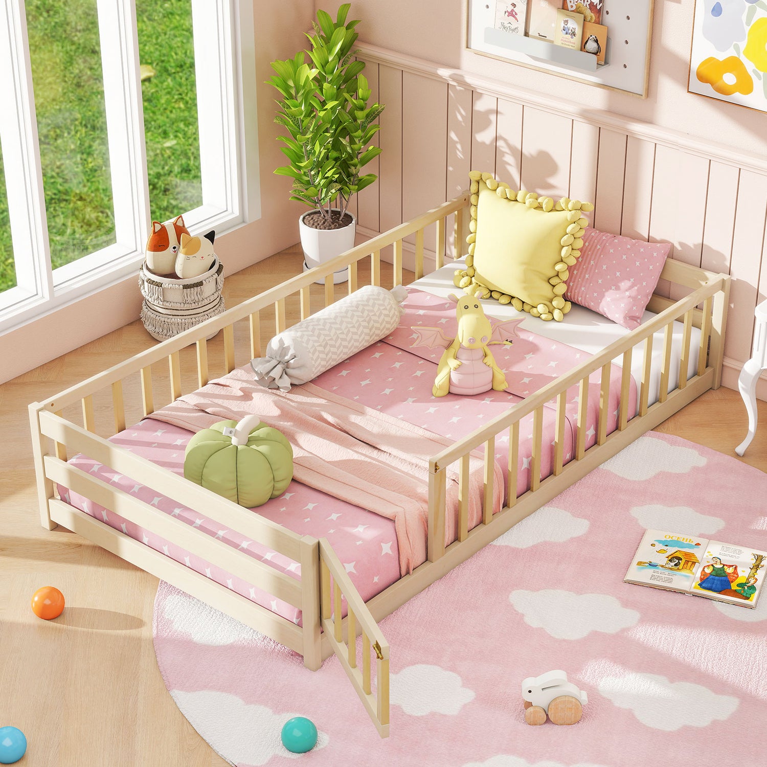 Twin Size Kids Wood Montessori Floor Bed with Door and Fence