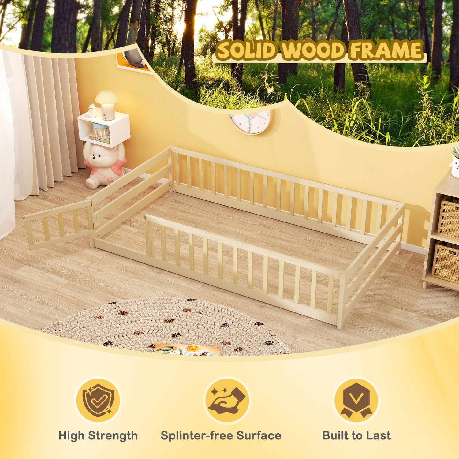 Twin Size Kids Wood Montessori Floor Bed with Door and Fence