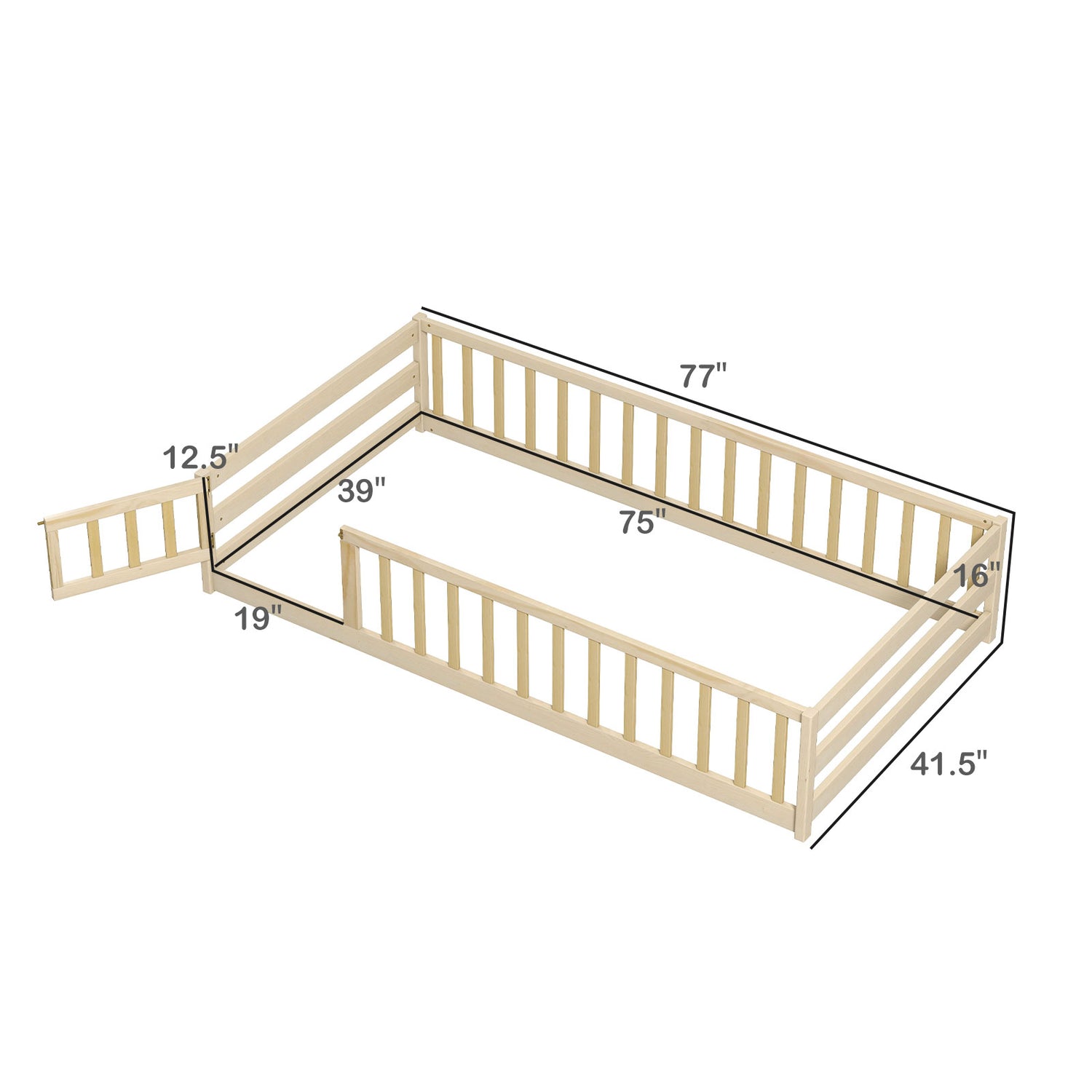 Twin Size Kids Wood Montessori Floor Bed with Door and Fence
