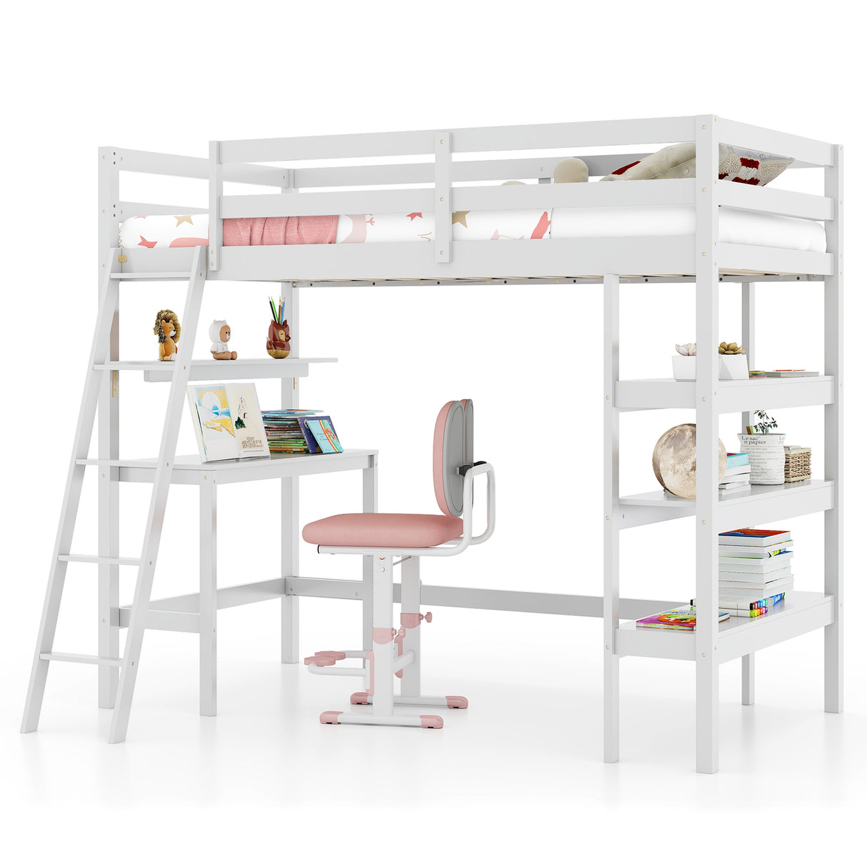Twin Size Loft Bed with Desk and Bookshelves for Kids and Teens