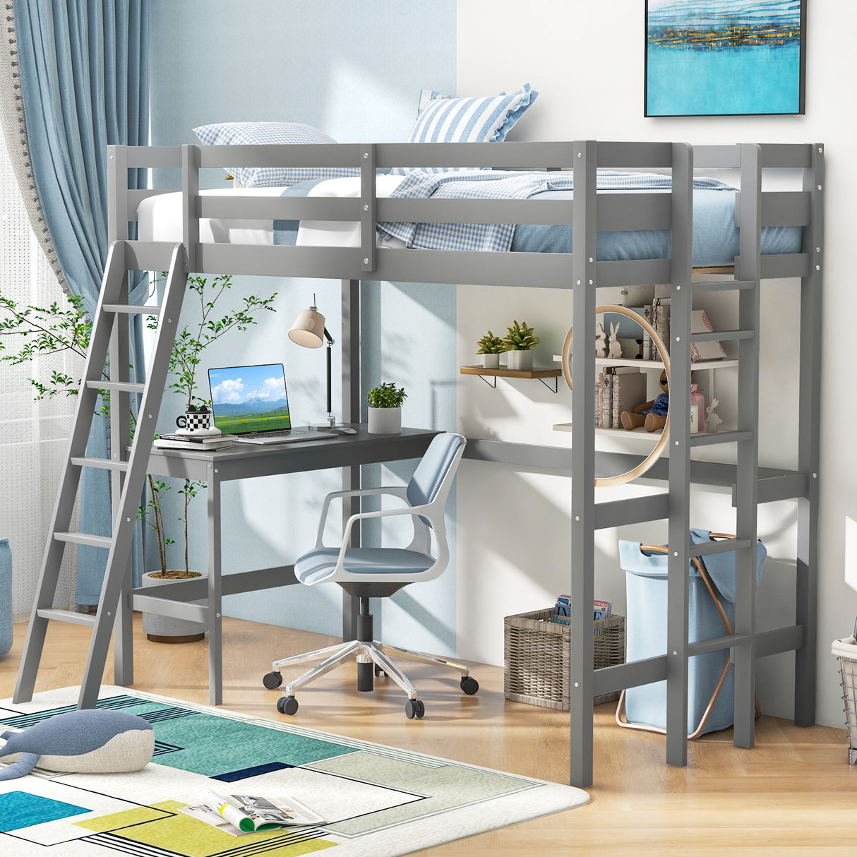 Twin Size Loft Bed Frame with Desk Angled and Built-in Ladder