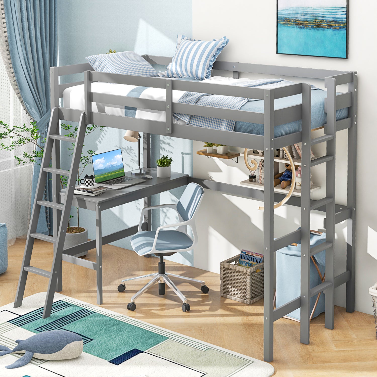 Twin Size Loft Bed Frame with Desk Angled and Built-in Ladder