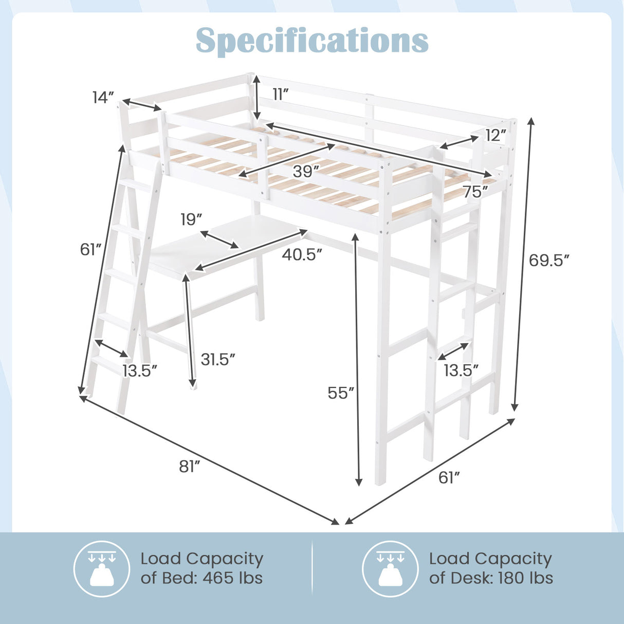 Twin Size Loft Bed Frame with Desk Angled and Built-in Ladder