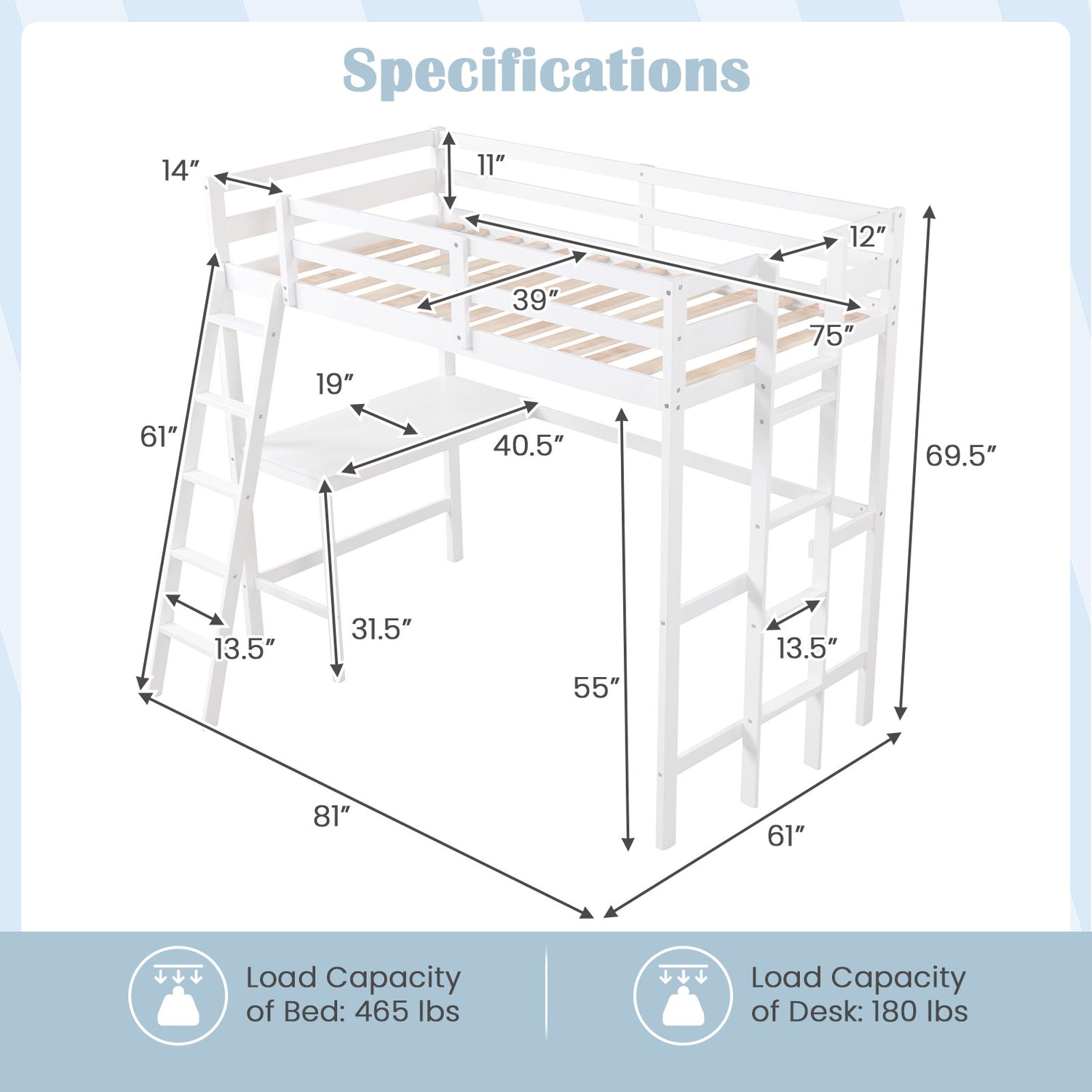 Twin Size Loft Bed Frame with Desk Angled and Built-in Ladder