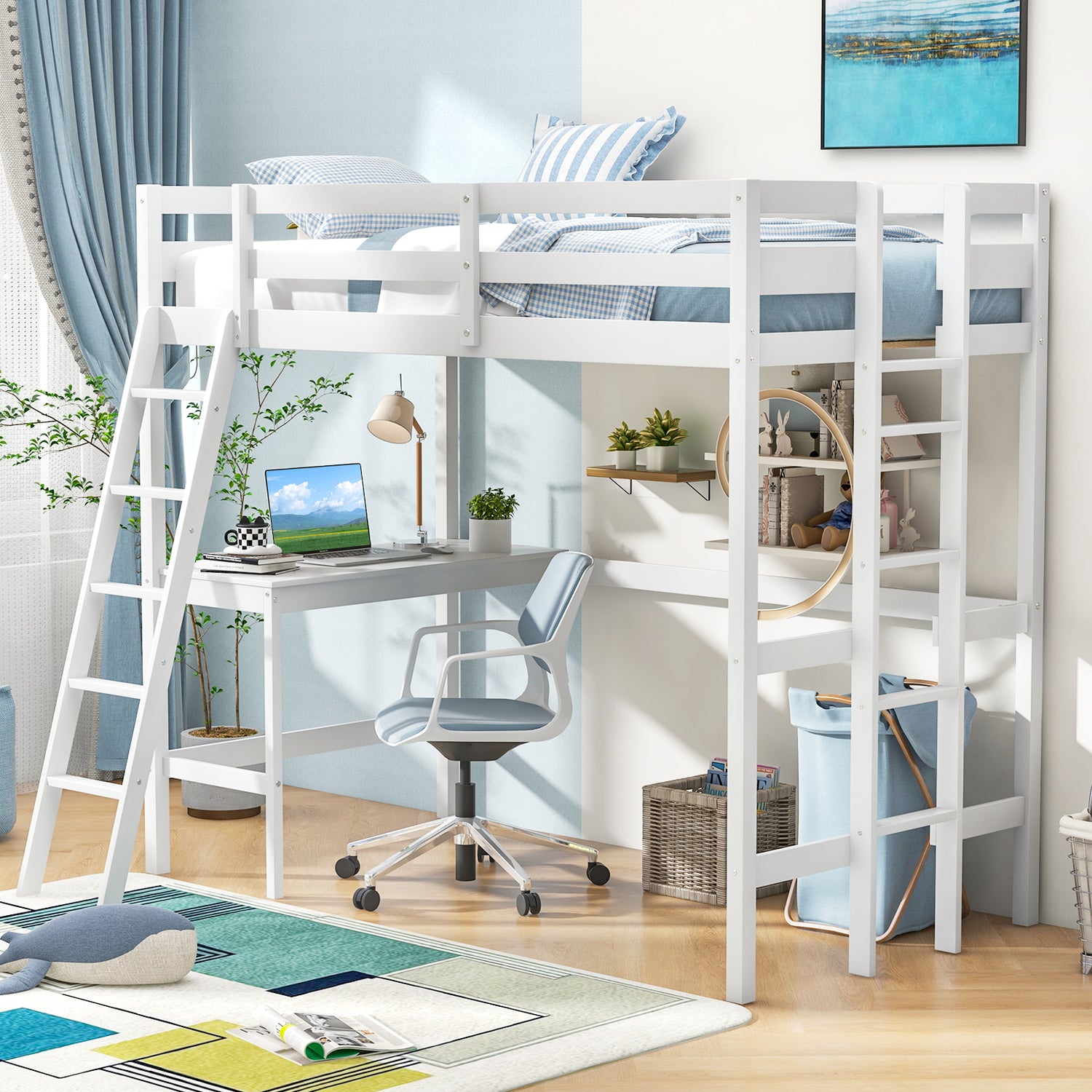 Twin Size Loft Bed Frame with Desk Angled and Built-in Ladder