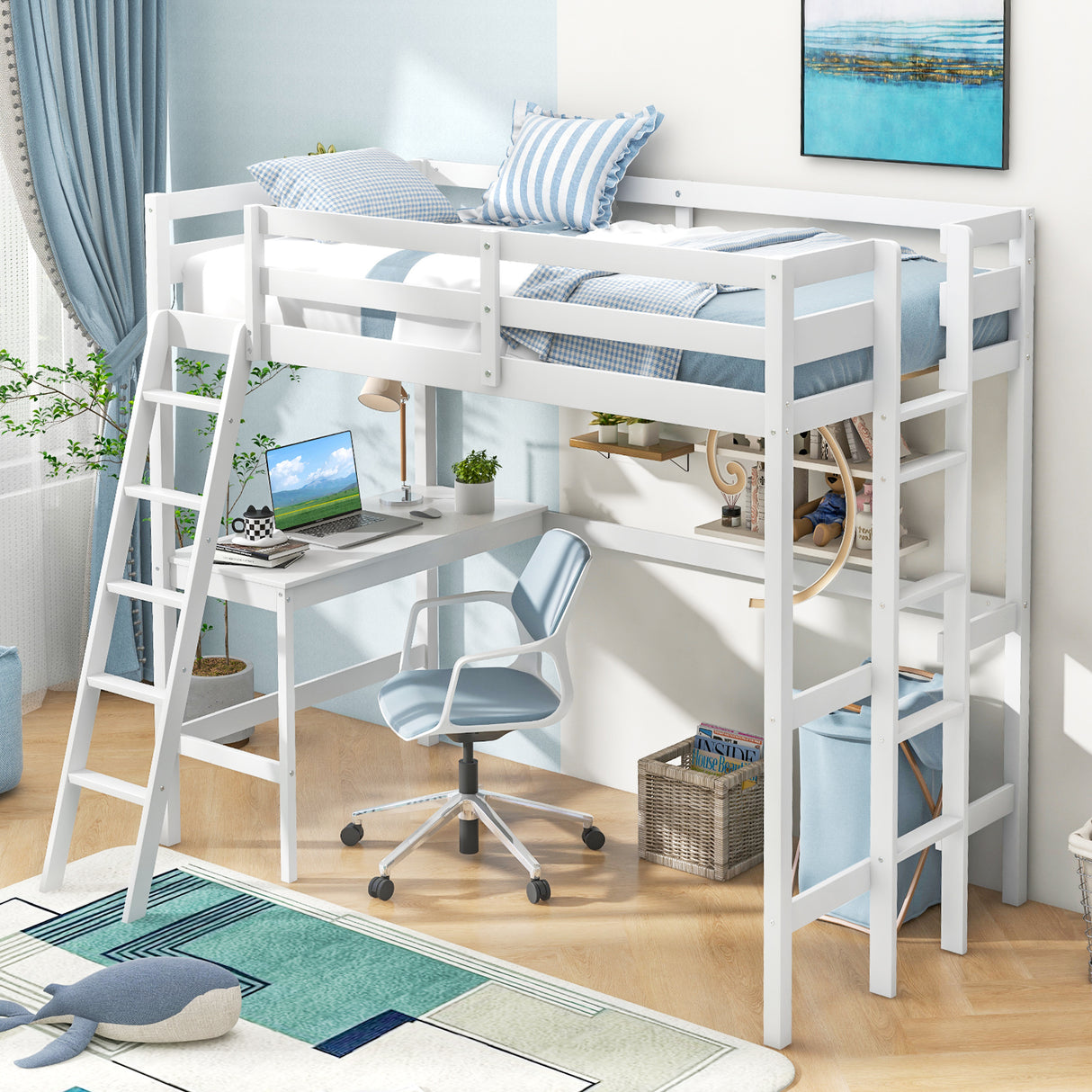 Twin Size Loft Bed Frame with Desk Angled and Built-in Ladder