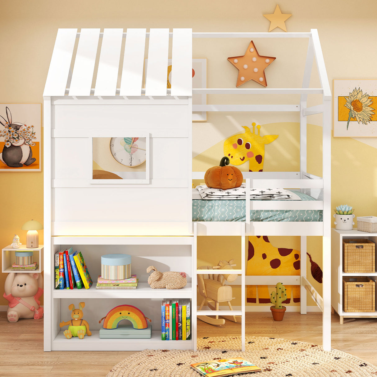 Twin Size Loft Bed with LED Lights Roof Window and Storage Bookshelf-White