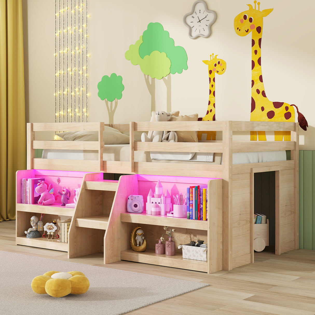 Twin Size Loft Bed with LED Lights with Staircase and Safety Guardrail