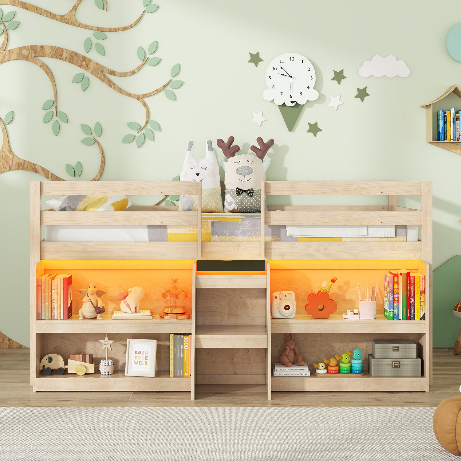 Twin Size Loft Bed with LED Lights with Staircase and Safety Guardrail