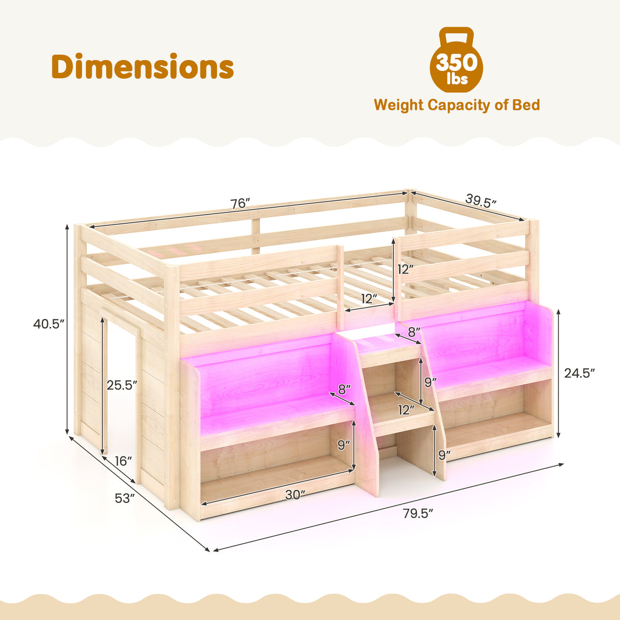 Twin Size Loft Bed with LED Lights with Staircase and Safety Guardrail