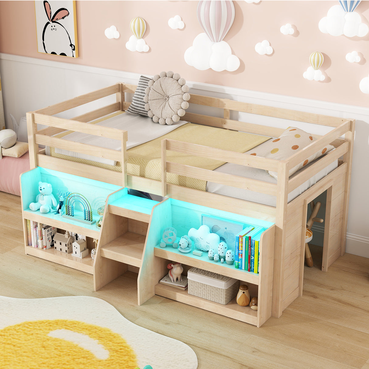 Twin Size Loft Bed with LED Lights with Staircase and Safety Guardrail