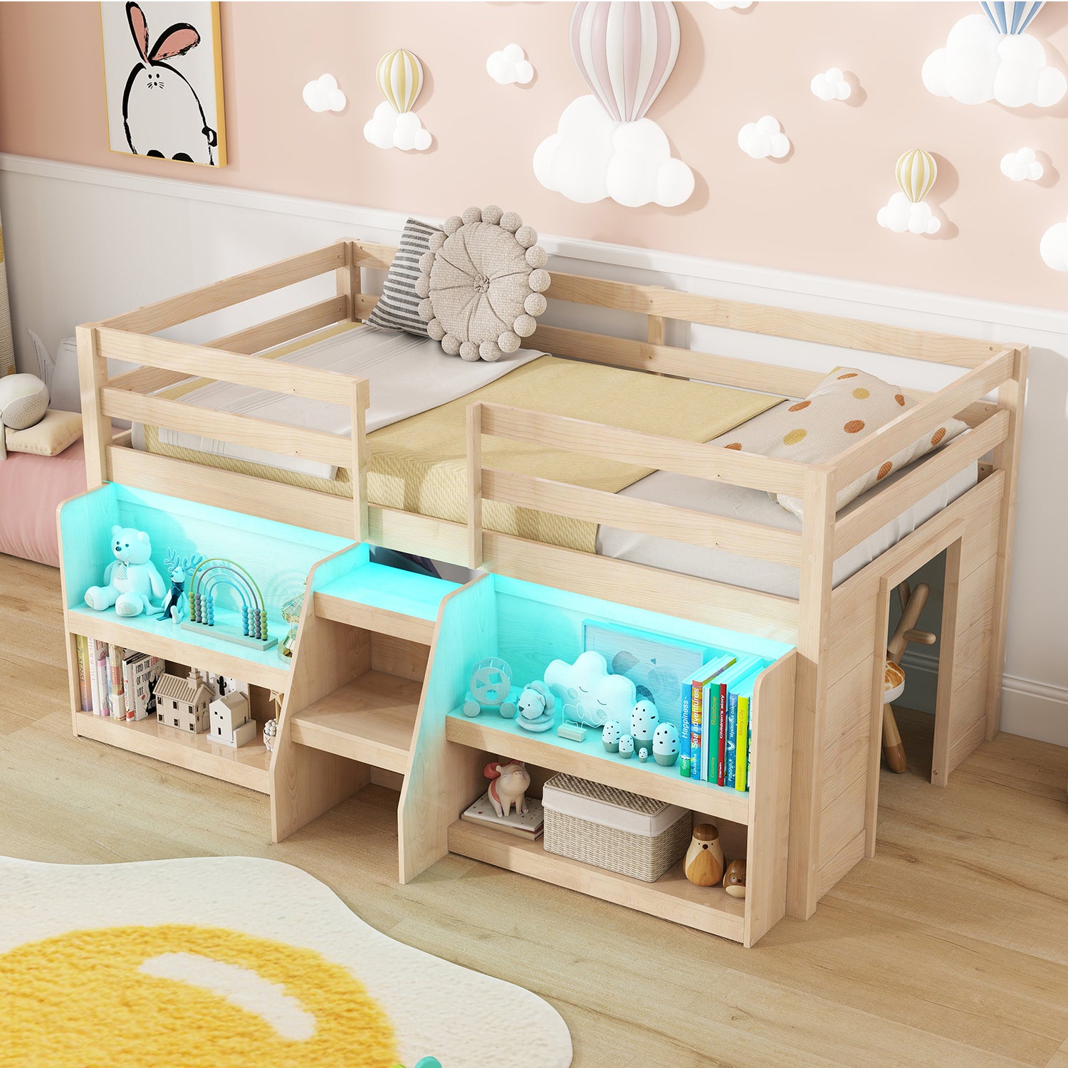 Twin Size Loft Bed with LED Lights with Staircase and Safety Guardrail