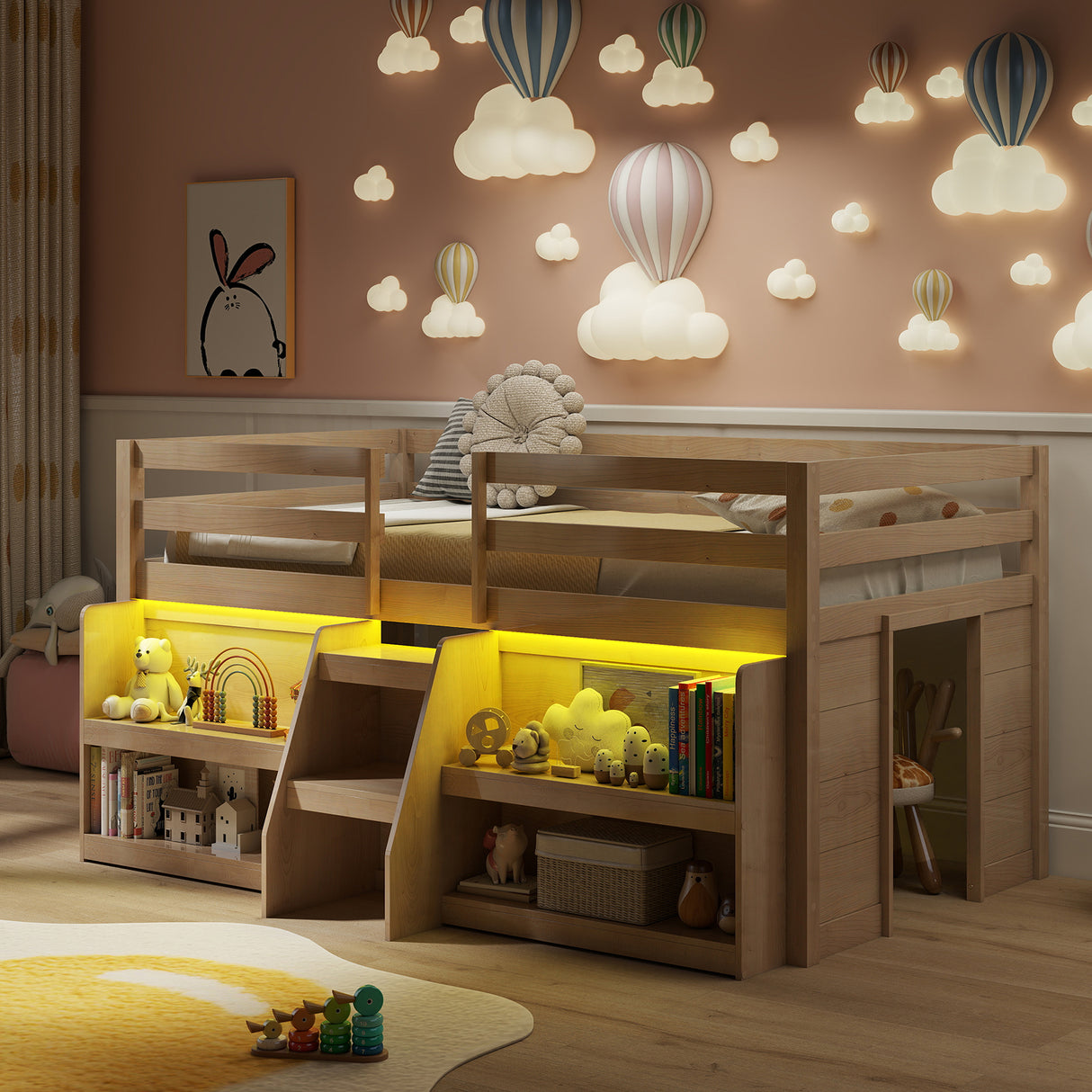 Twin Size Loft Bed with LED Lights with Staircase and Safety Guardrail