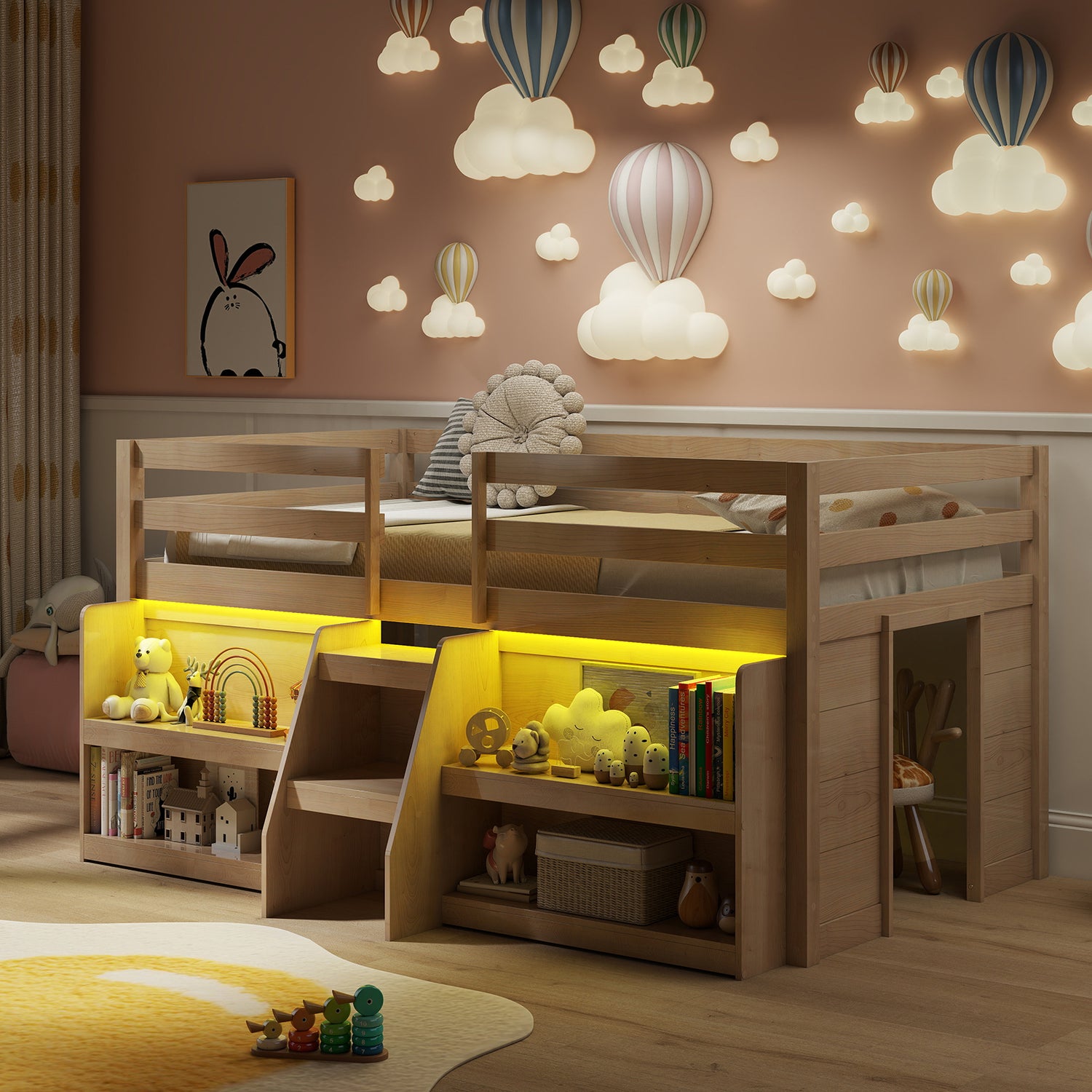 Twin Size Loft Bed with LED Lights with Staircase and Safety Guardrail