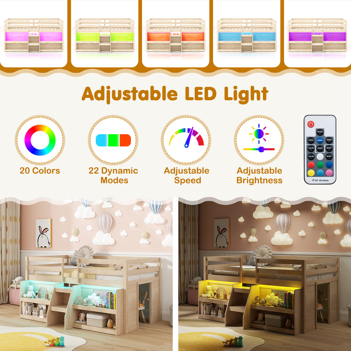 Twin Size Loft Bed with LED Lights with Staircase and Safety Guardrail