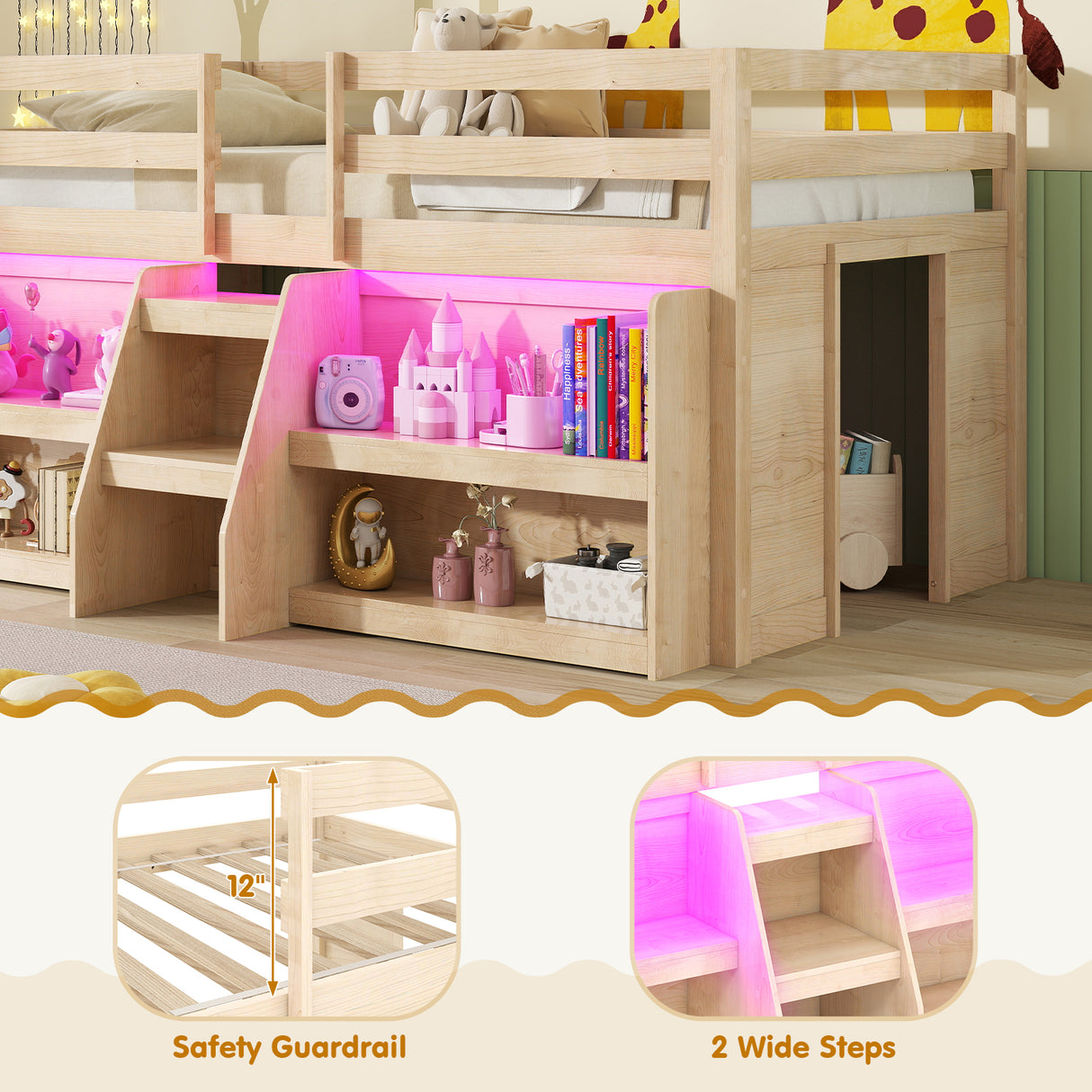 Twin Size Loft Bed with LED Lights with Staircase and Safety Guardrail