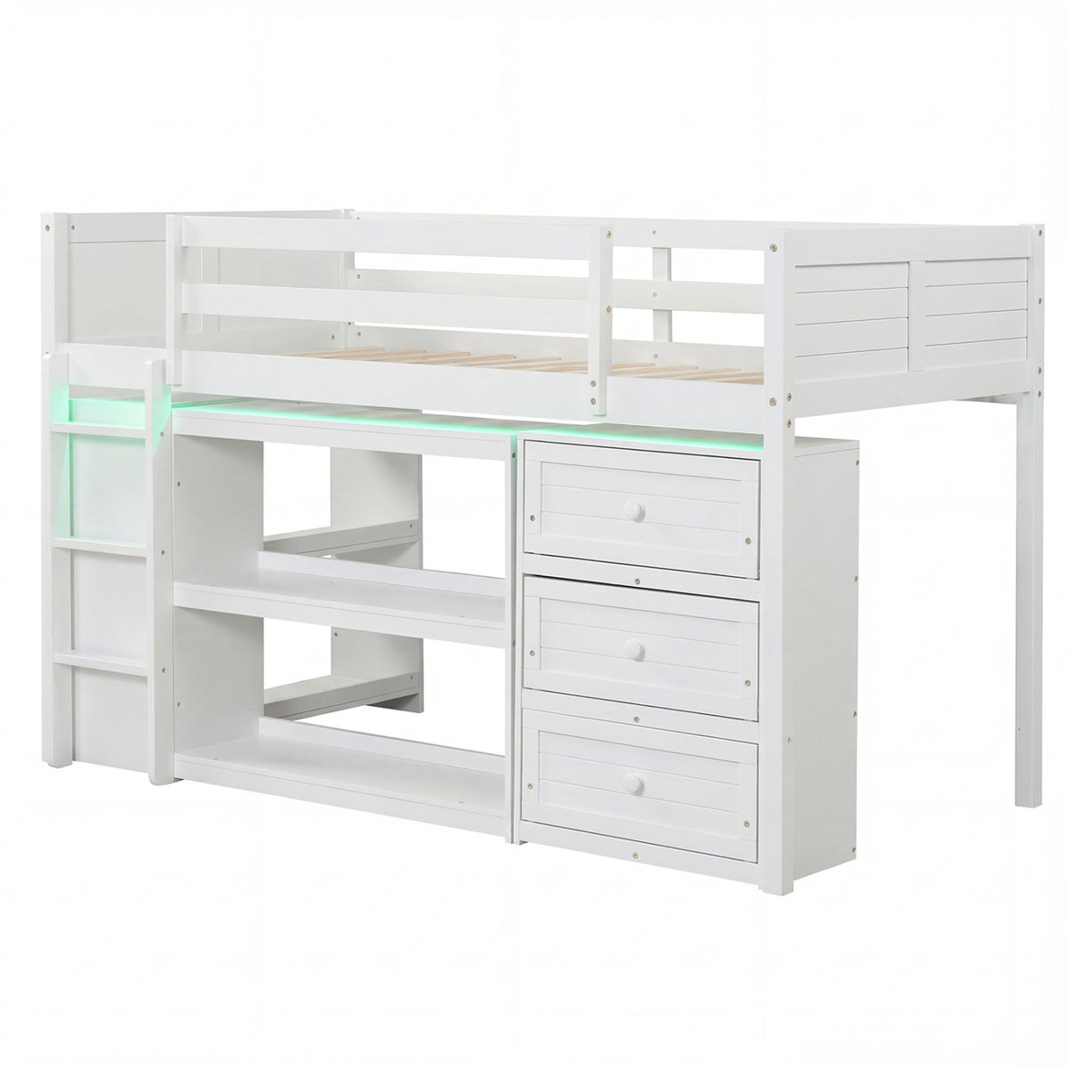 Twin Size Loft Bed with LED Lights and Underbed Space for Kids