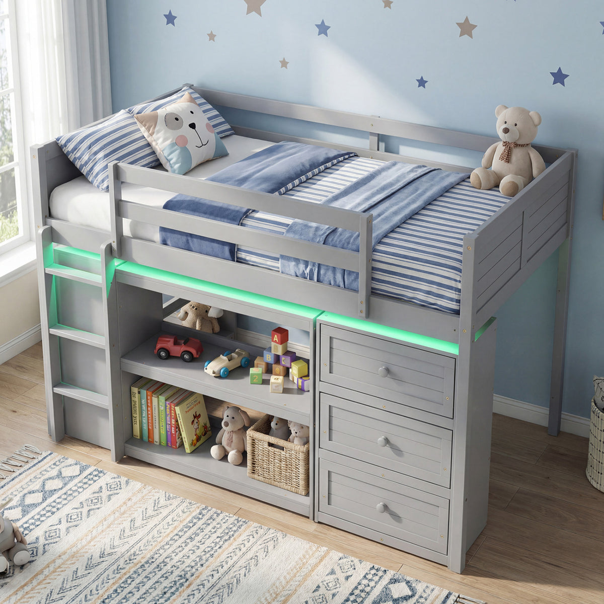 Twin Size Loft Bed with LED Lights and Underbed Space for Kids