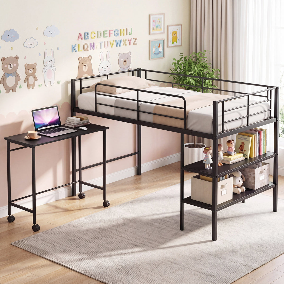 Twin Size Loft Bed with Rolling Desk and Bookshelf Platform Bed Frame