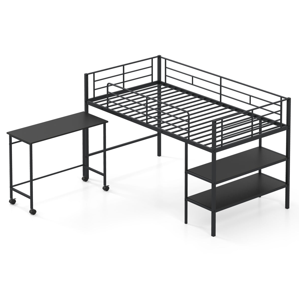 Twin Size Loft Bed with Rolling Desk and Bookshelf Platform Bed Frame