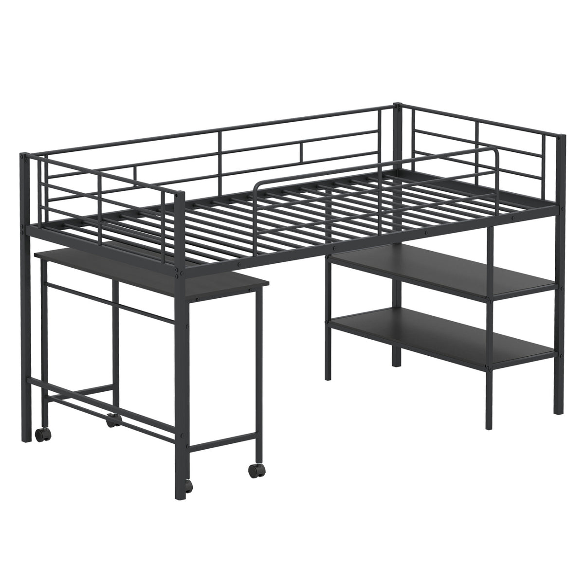 Twin Size Loft Bed with Rolling Desk and Bookshelf Platform Bed Frame