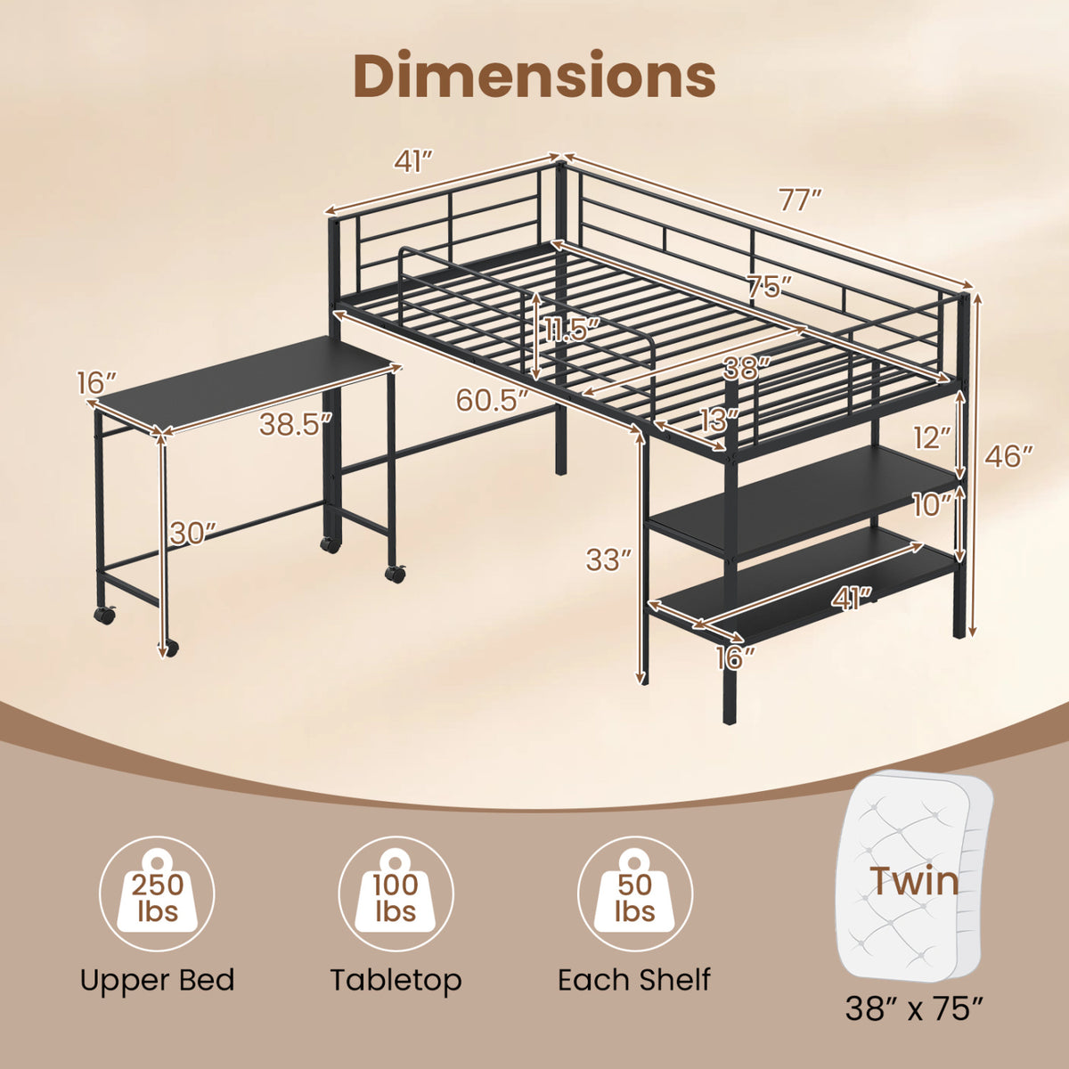 Twin Size Loft Bed with Rolling Desk and Bookshelf Platform Bed Frame