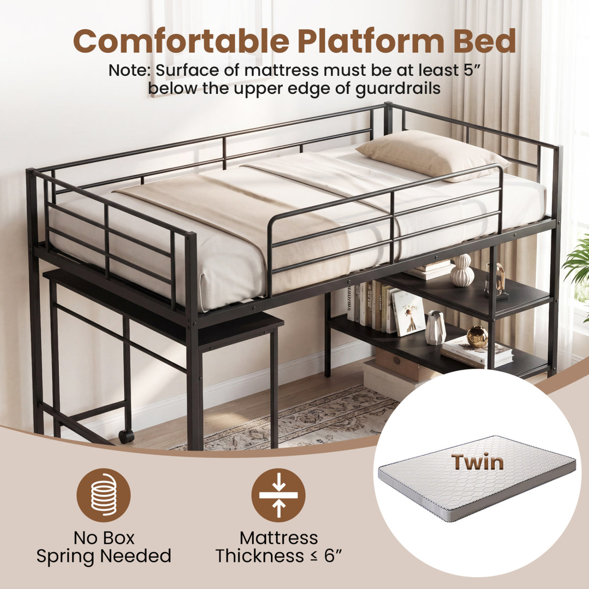 Twin Size Loft Bed with Rolling Desk and Bookshelf Platform Bed Frame