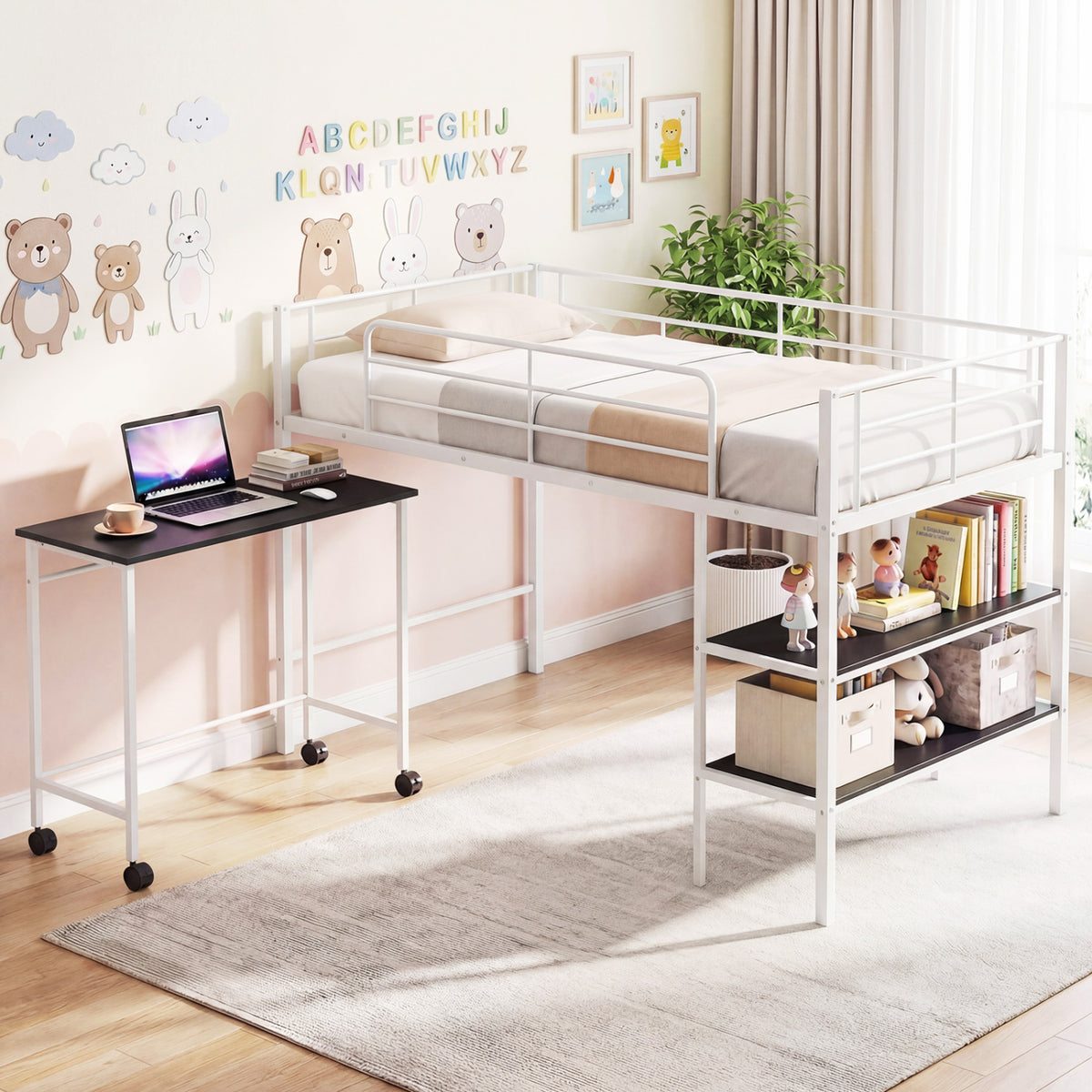 Twin Size Loft Bed with Rolling Desk and Bookshelf Platform Bed Frame