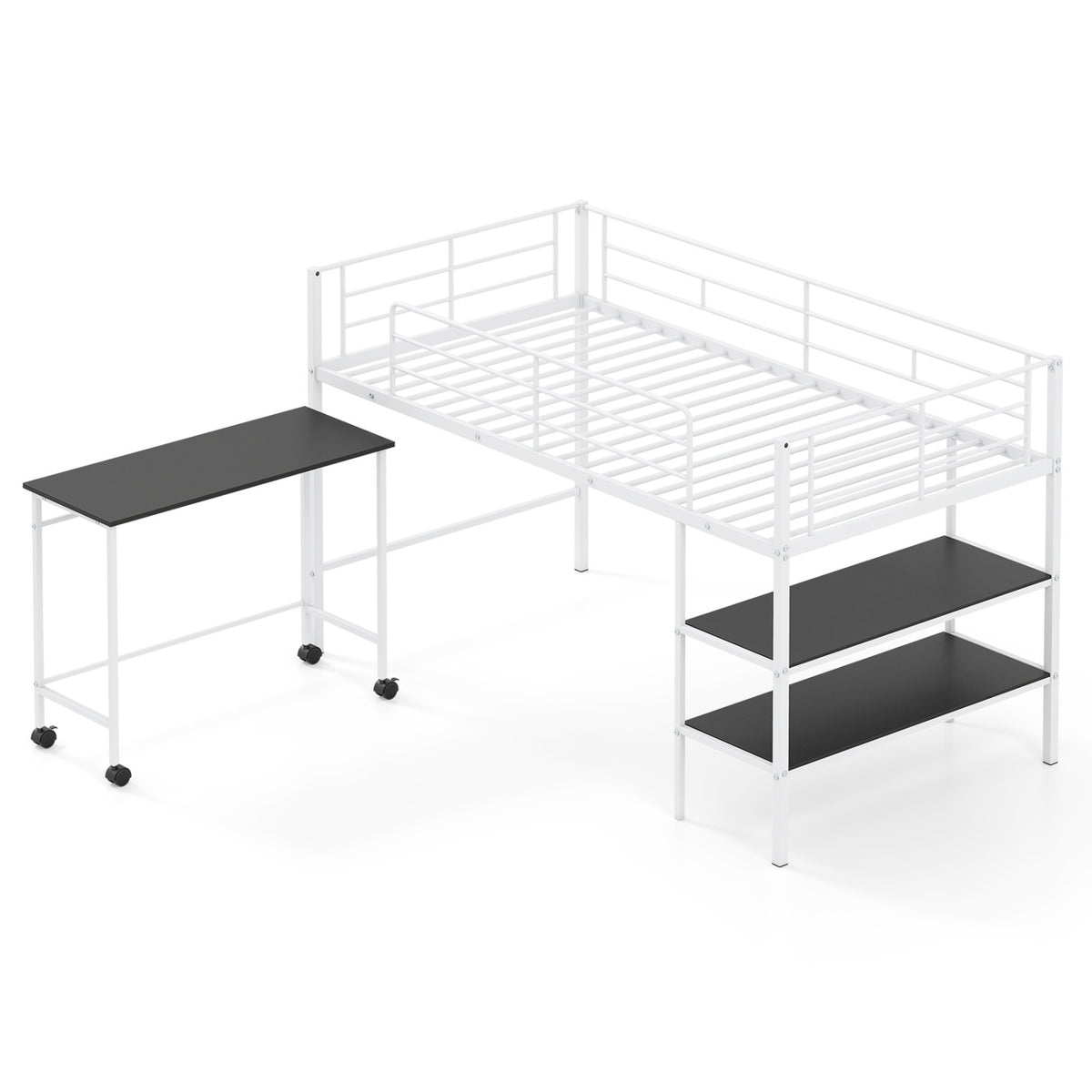 Twin Size Loft Bed with Rolling Desk and Bookshelf Platform Bed Frame