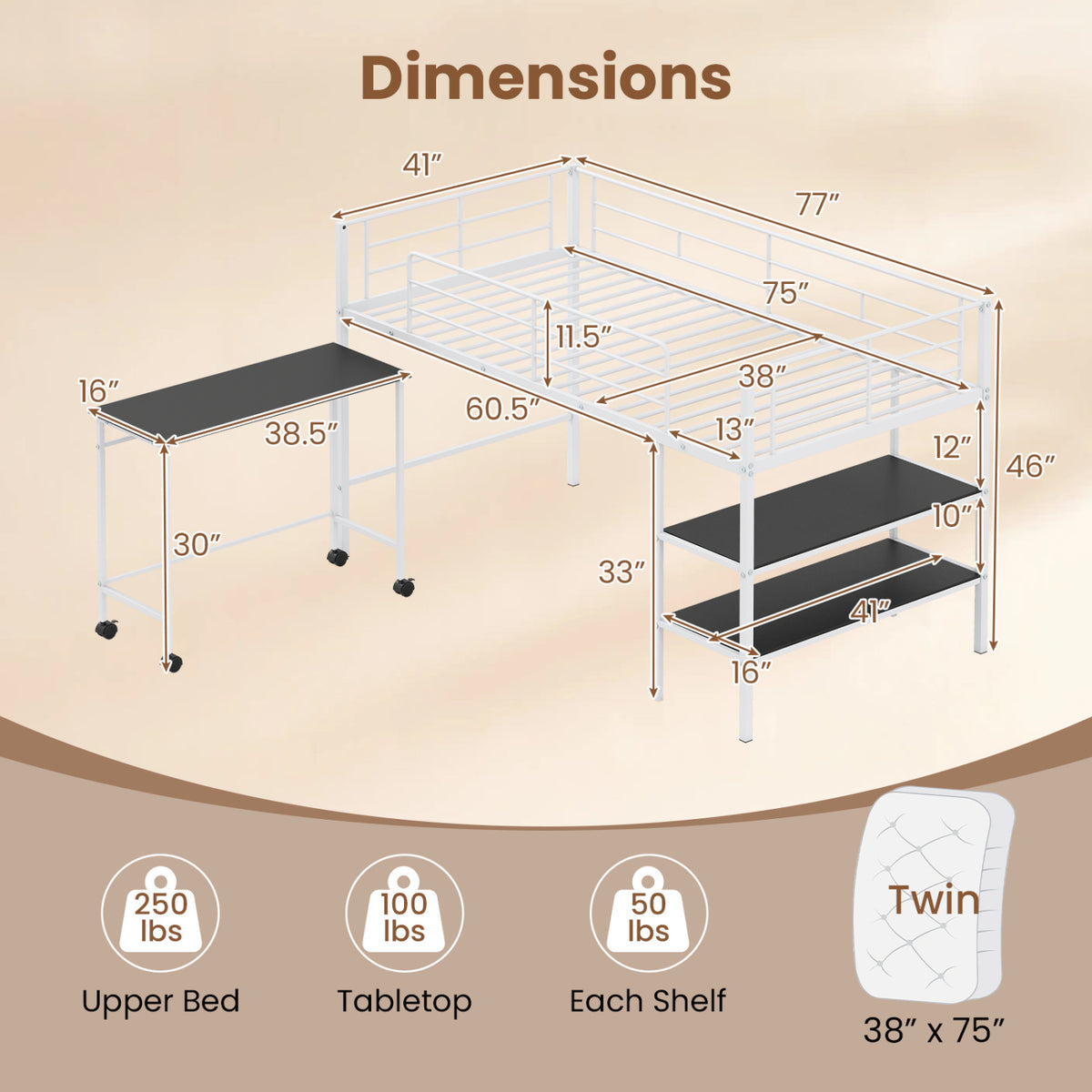 Twin Size Loft Bed with Rolling Desk and Bookshelf Platform Bed Frame