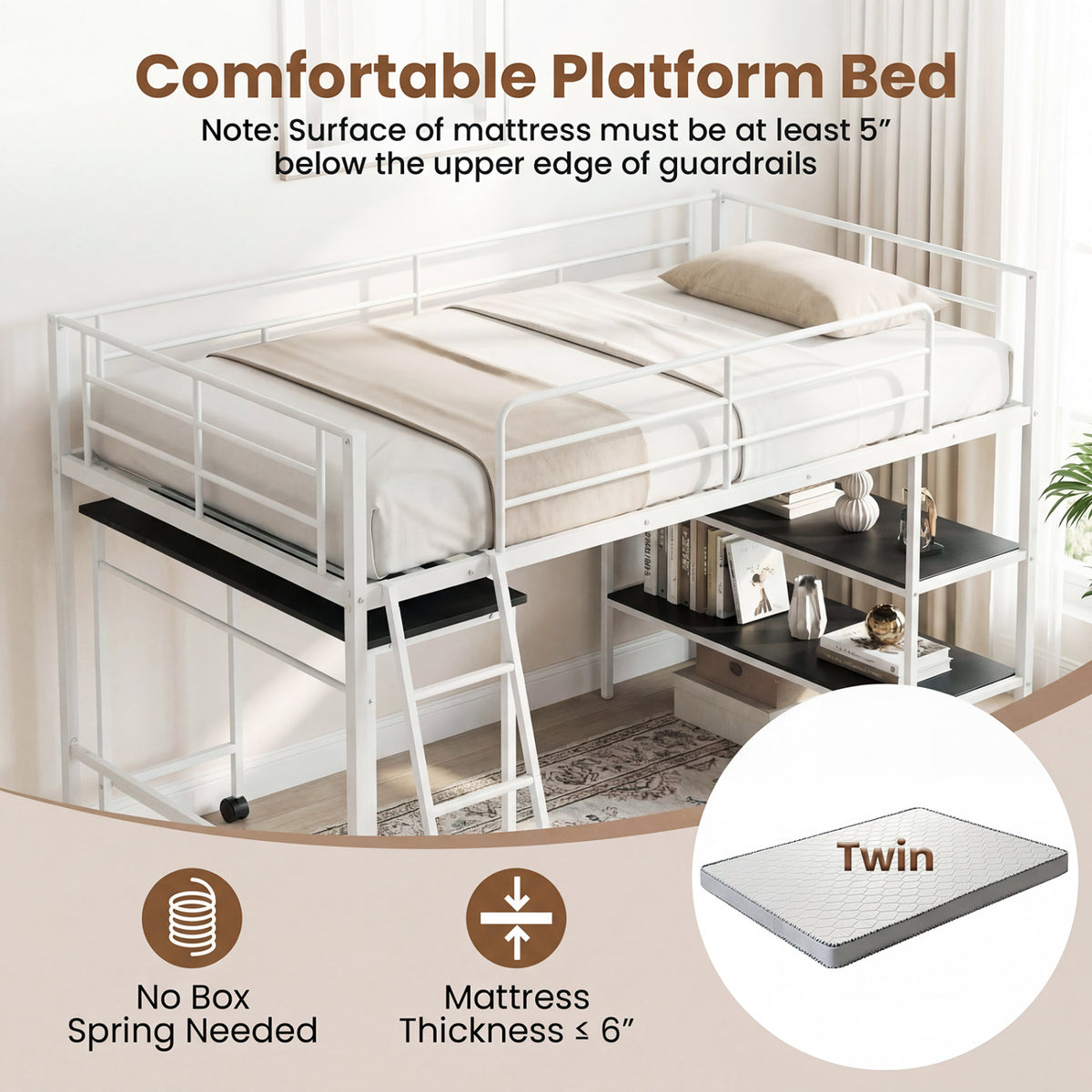 Twin Size Loft Bed with Rolling Desk and Bookshelf Platform Bed Frame