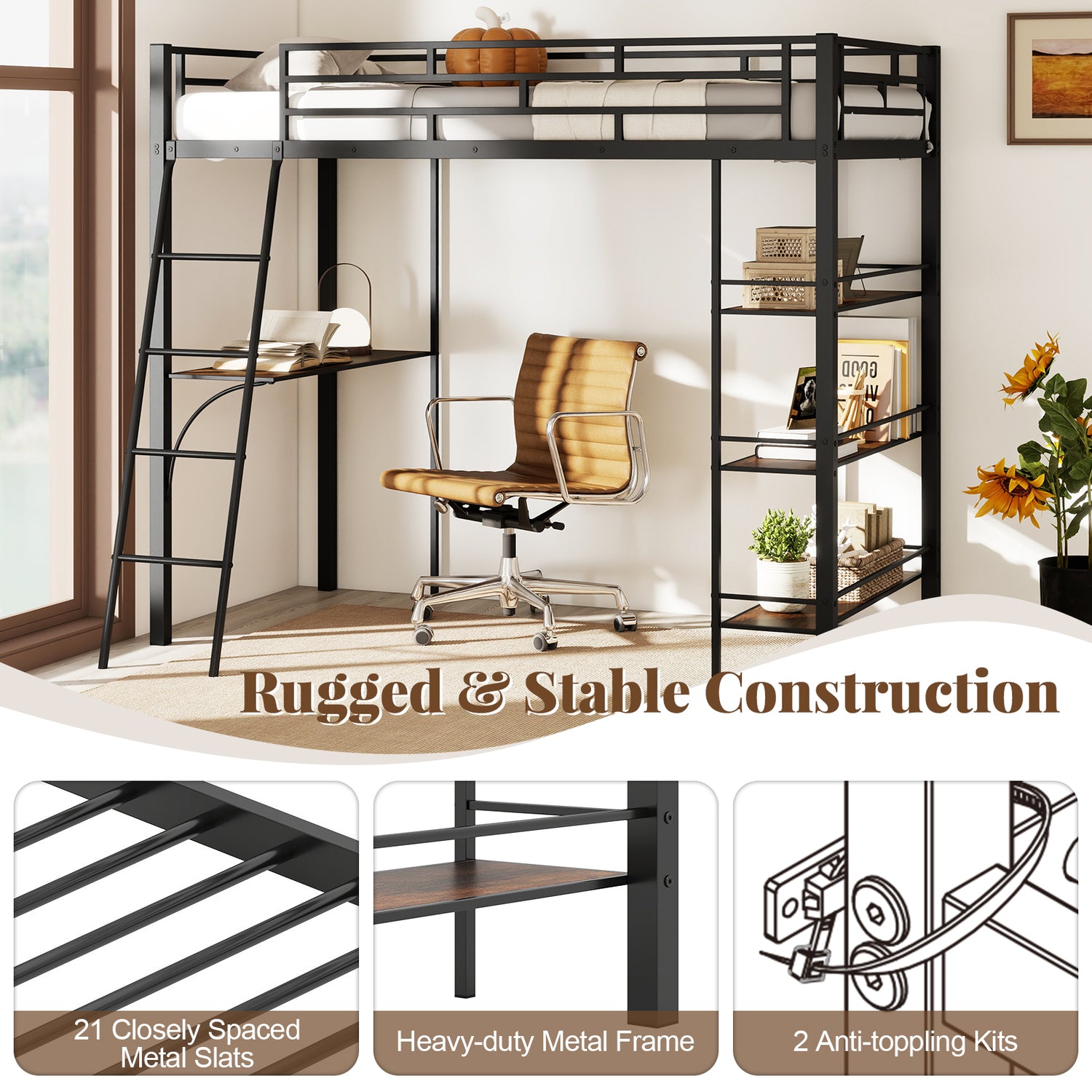 Twin Size Loft Bed with Desk and Shelves for Kids and Home-Black