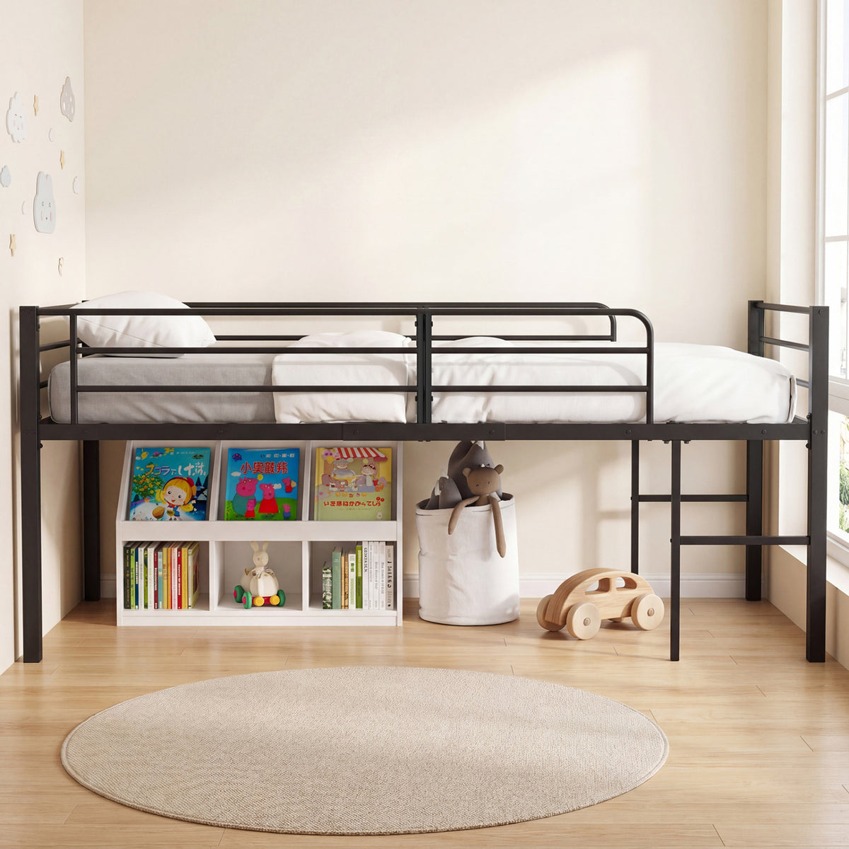 Twin Size Low Loft Bed with Safety Guardrails and 2 Ladders
