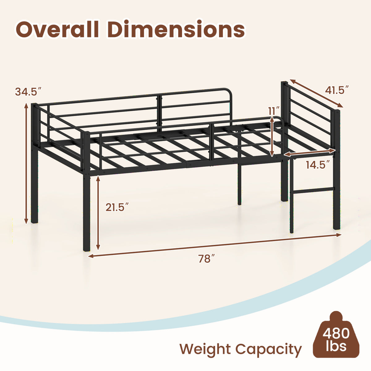 Twin Size Low Loft Bed with Safety Guardrails and 2 Ladders