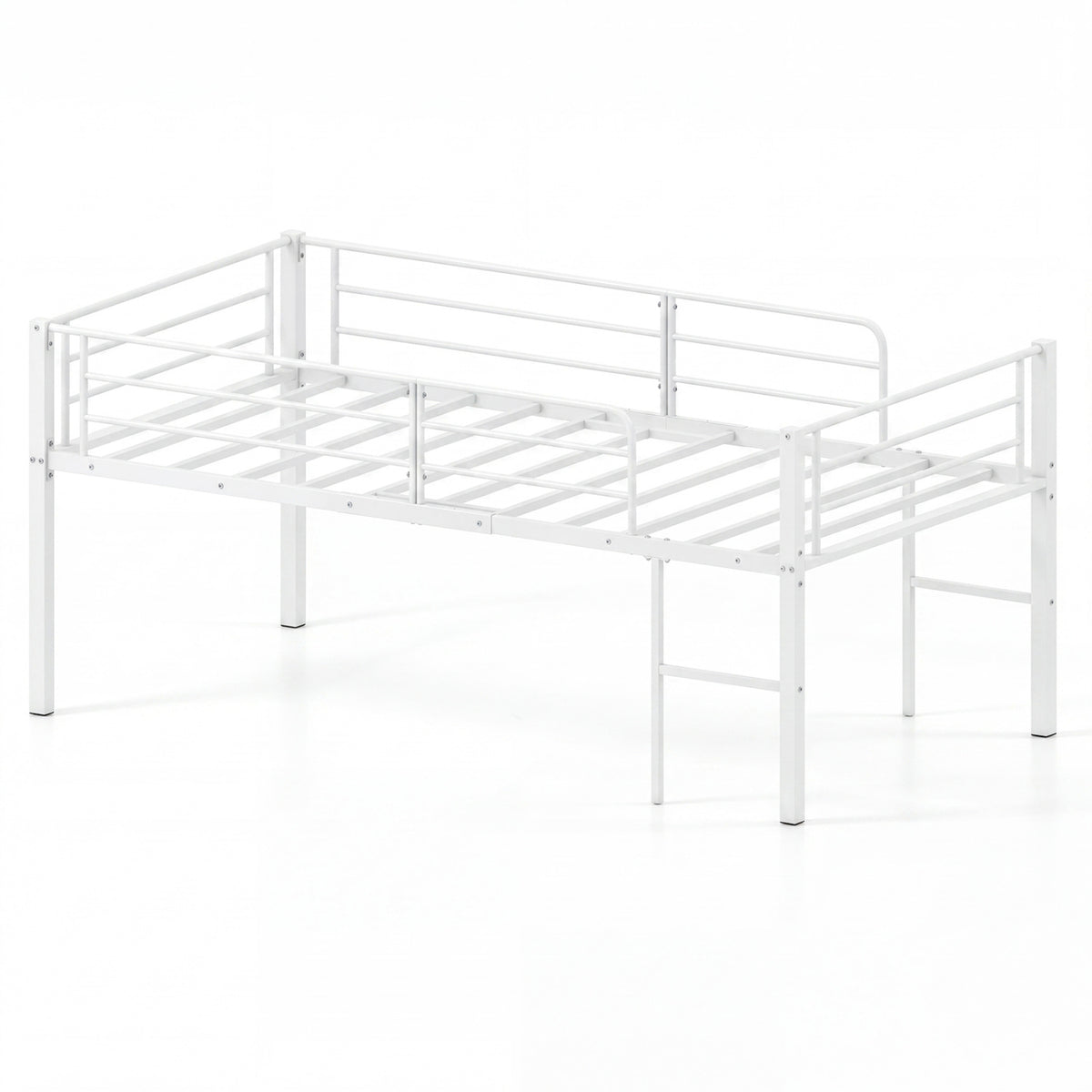 Twin Size Low Loft Bed with Safety Guardrails and 2 Ladders