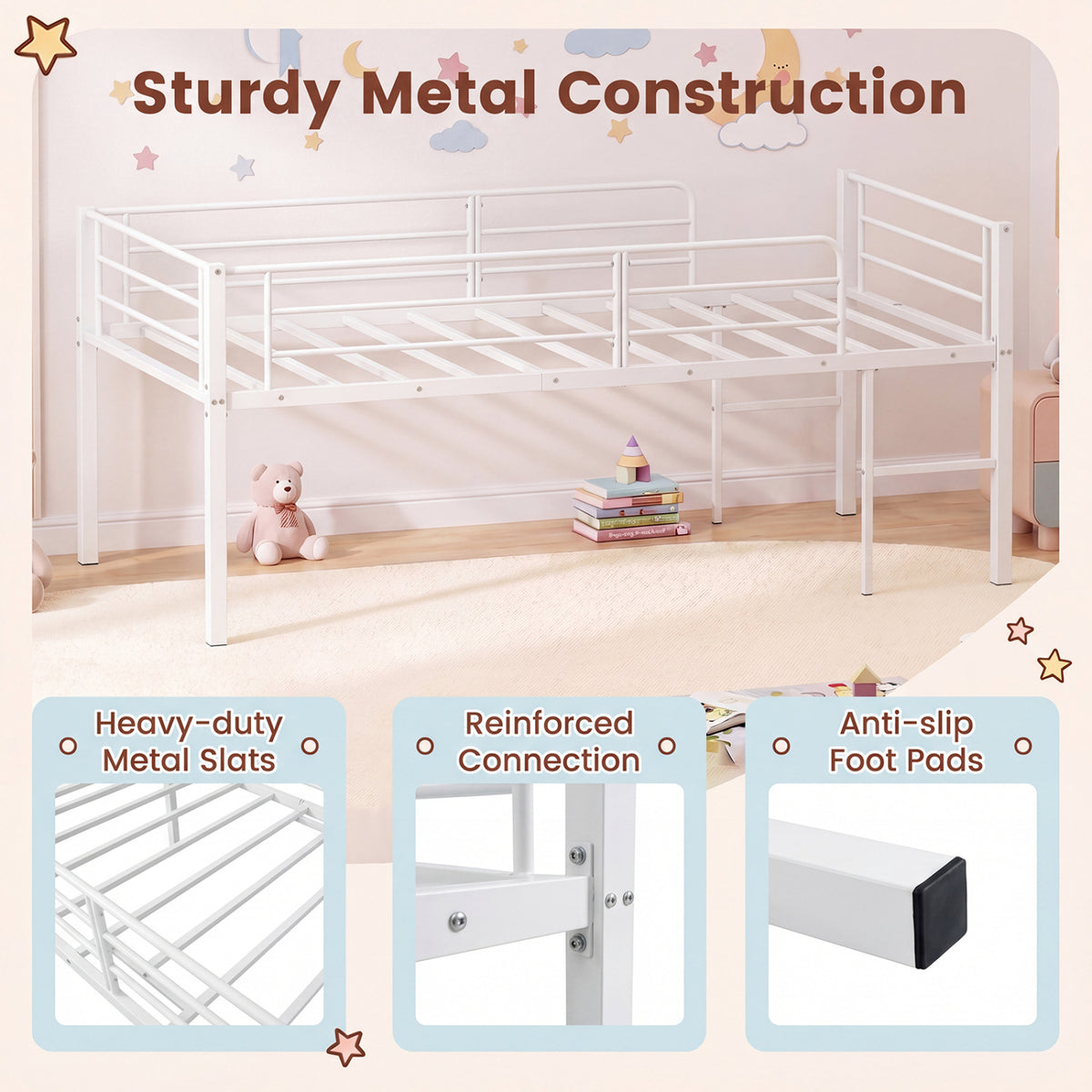 Twin Size Low Loft Bed with Safety Guardrails and 2 Ladders
