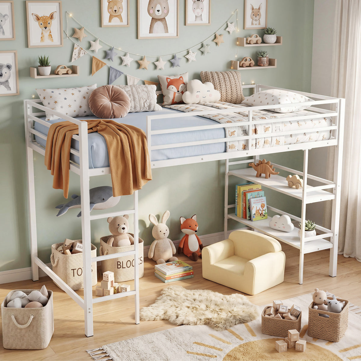 Twin Size Low Loft Bed with Ladder and Storage Shelves Metal Frame for Boys Girls