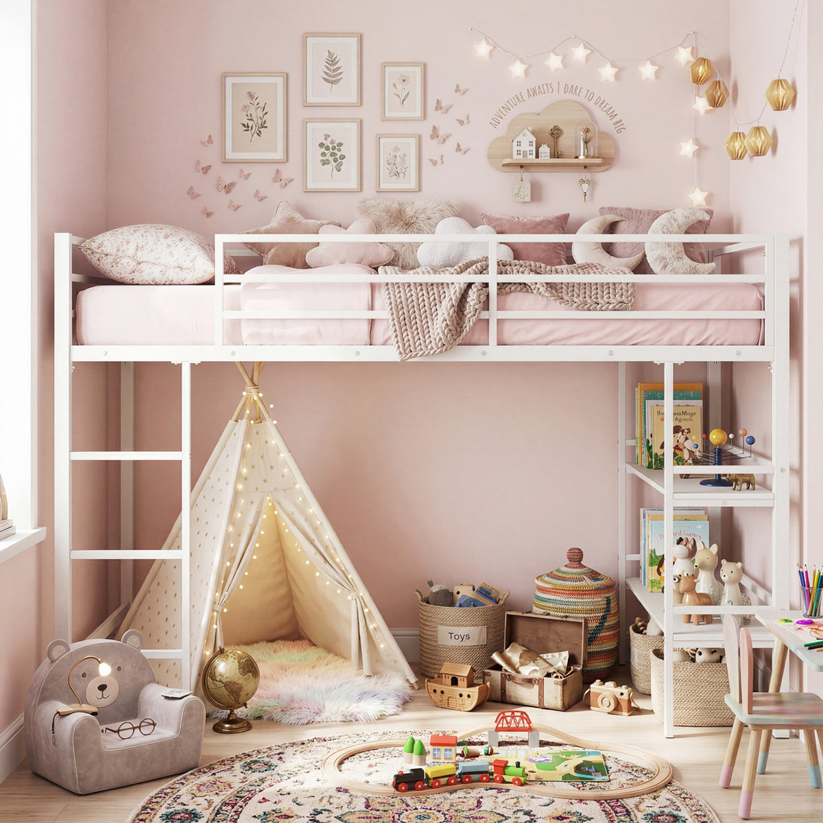 Twin Size Low Loft Bed with Ladder and Storage Shelves Metal Frame for Boys Girls