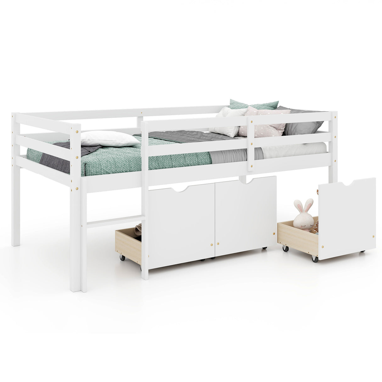 Twin Size Low Loft Bed with 3 Drawers with Ladder and Full-length Guardrails